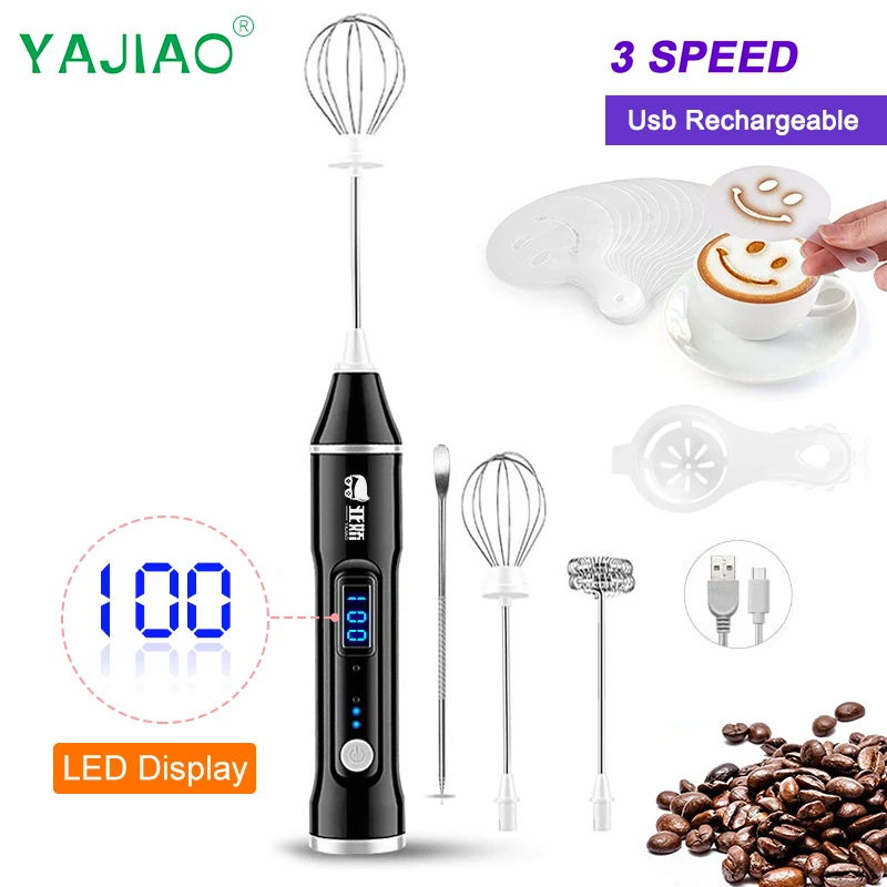 

Блендер YAJIAO ручной Электрический с зарядкой от USB, взбиватель молока со светодиодный ным дисплеем, Миксер для кофе, яиц, латте, капучино