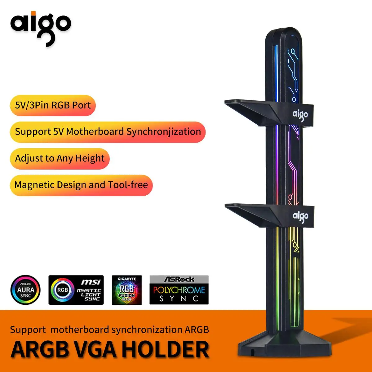 Aigo Graphics Card Bracket 3Pin5V Argb VGA Holder Jack Desktop Computer Case Video Card GPU Water Cooling Kit Support Stand