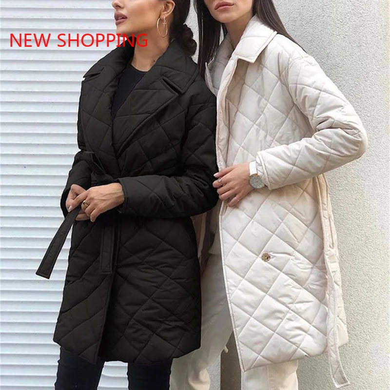 Casual Rhombus Cotton Coats Women Winter Parkas Sashe Lae Up Long Deep Pockets Straight Jackets Female 2023 Warm Outerwear Brown