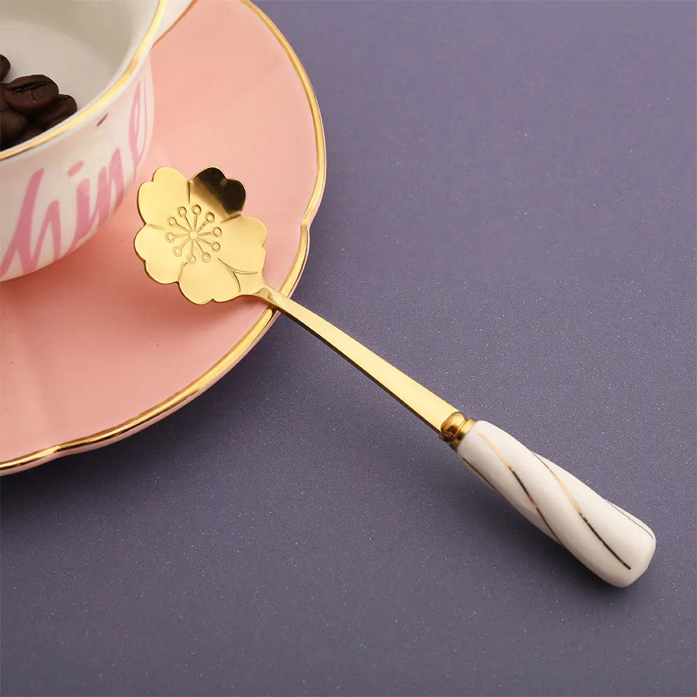 

Stainless Steel Spoon With Ceramic Handle Flower Shape Dessert Spoon Kitchen Tableware Ceramic Handle Tea Coffee Mixing Spoon