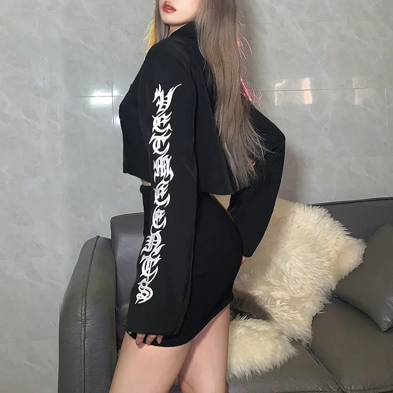 Gothic Reflective Print Crop Blazer Short Suit Jacket Women Blazer Black 2022 Fashion Lapel Solid Jacket Goth Punk Emo Blazers