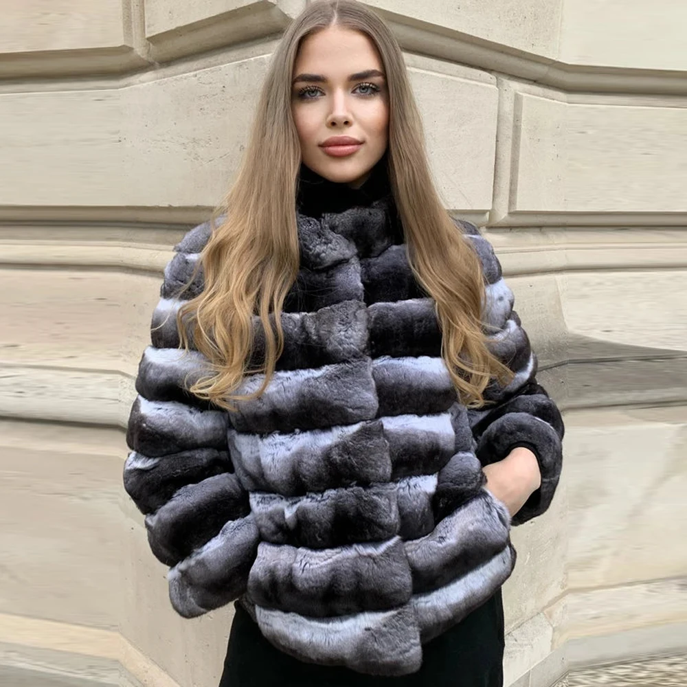 Women Fashion Rex Rabbit Fur Jacket Natural Women 2022 New Stand Collar Long Sleeve Real Rex Rabbit Fur Coats Outwear Female