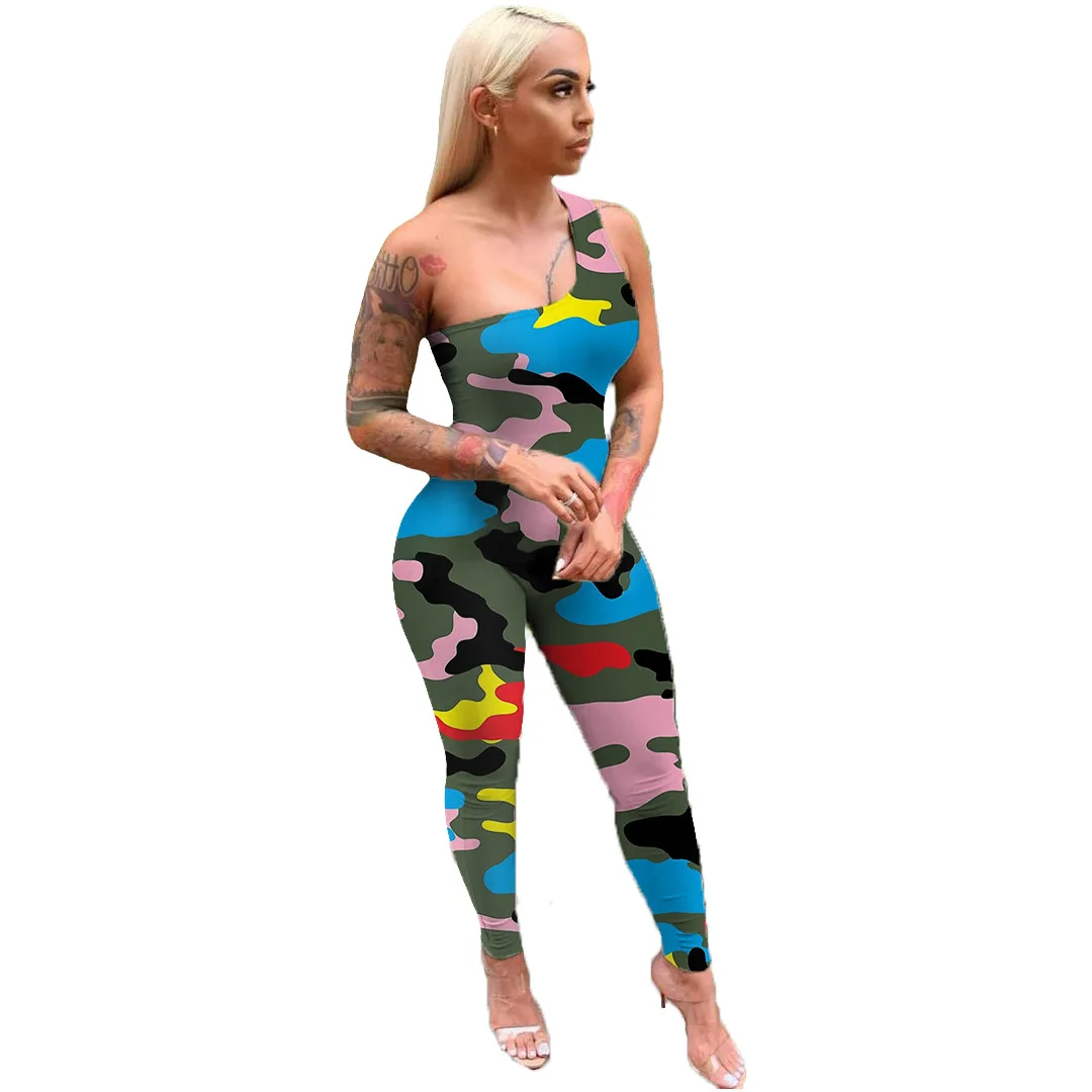 

INS Hot Women Party Jumpsuits 2021 Women Camouflage And Leopard Slash Neck Skinny Rompers Nightclub P
