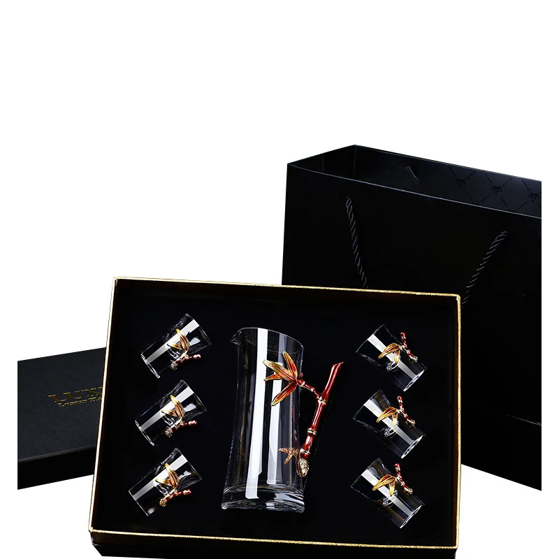

7Pcs/ Set High Quality Bamboo Enamel Crystal Glass Wine Cup Coffee Flower Tea Milk Wedding Gift With Packing Box