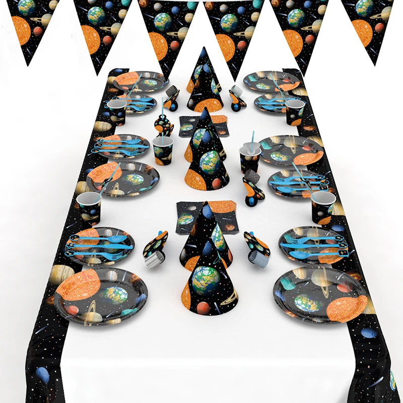 Одноразовая посуда с мультяшным космосом бумажные тарелки чашка вилка украшение