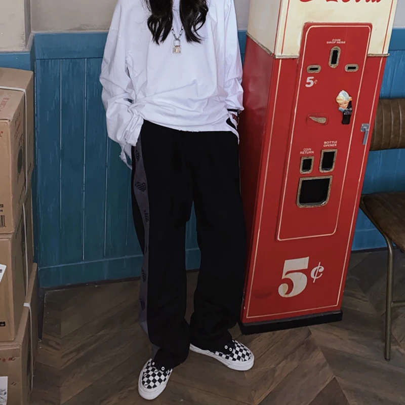 

SHENGPALAE Personality Contrast Color Love Pattern Pant Women's Spring 2021 New High Wiast Drawstring Straight Wide Leg Trousers