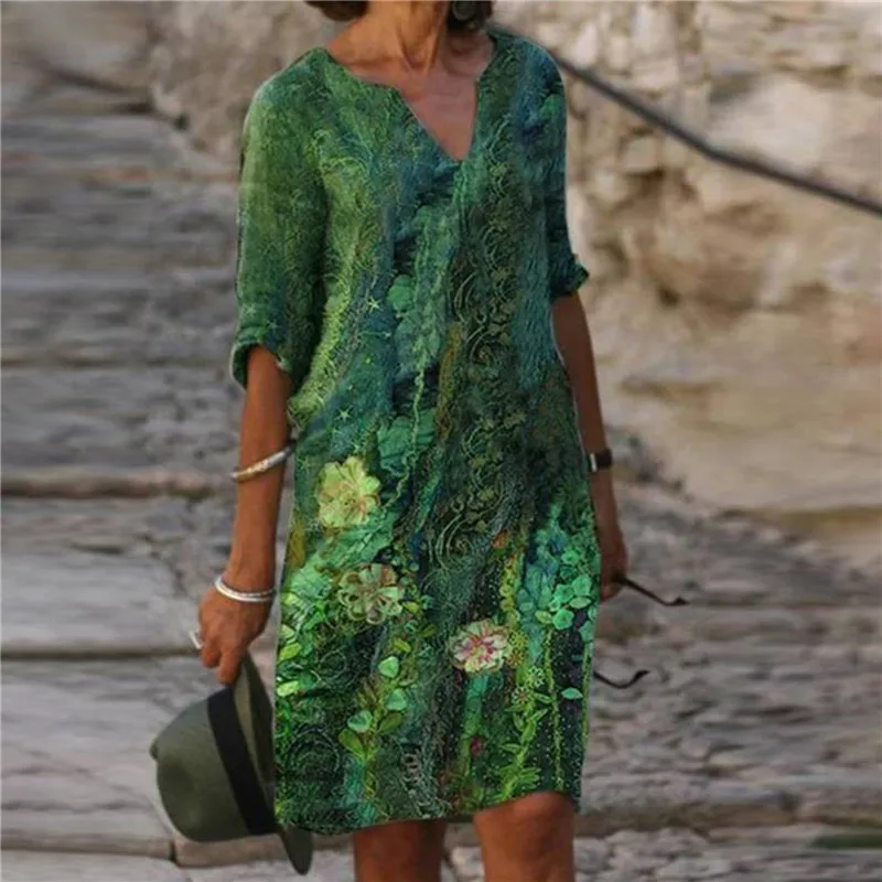 

Ladies Vintage V-Neck Dresses Floral Print Summer Dress Women Loose Casual Half Sleeve A-Line Dresses Bohemian Women Beach Dress