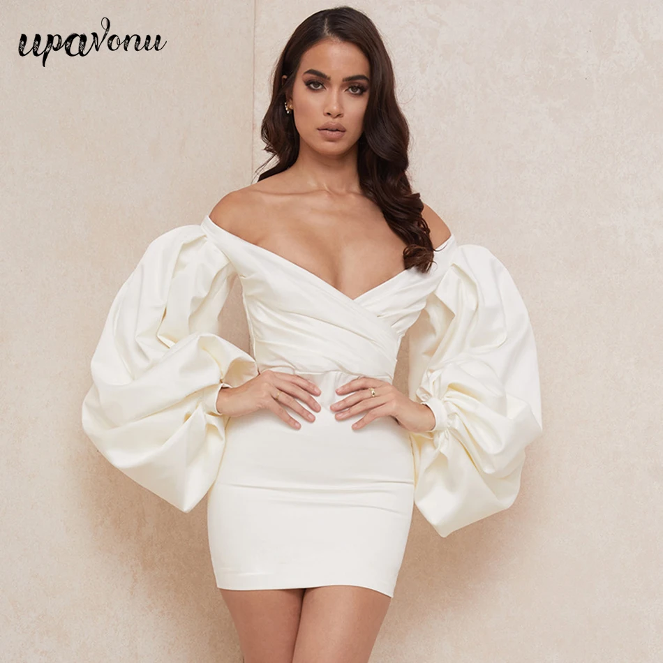 

Free Shipping 2021 New Women Satin Dress Sexy V-neck Lantern Sleeve Bodycon Strapless Dress Celebrity C Club Party Mini Vestidos
