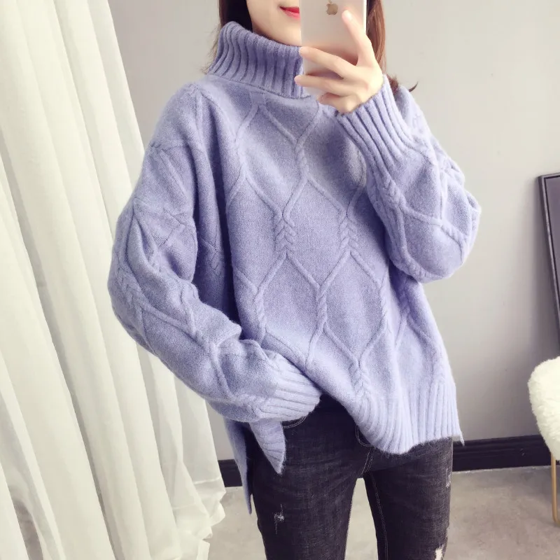 

Autumn Winter Women Turtleneck Warm Knitted Sweater Female Korean Long Sleeve Thick Knitwear Casual Loose Pullover Outwear G727