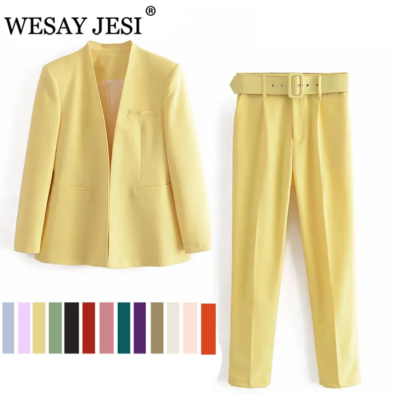 Женский офисный костюм WESAY JESI, модный Блейзер и брюки, простой однотонный костюм с воротником и длинным рукавом + брюки, комплект из 2 предмет...