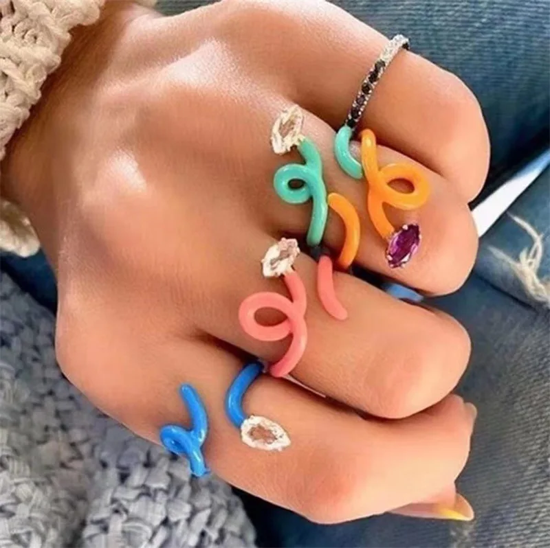 

Personality Copper Enamel Rings 2021 New Irregular Colorful Oil Dripping Crystal Snake Rings Adjustable Rings Women Jewelry