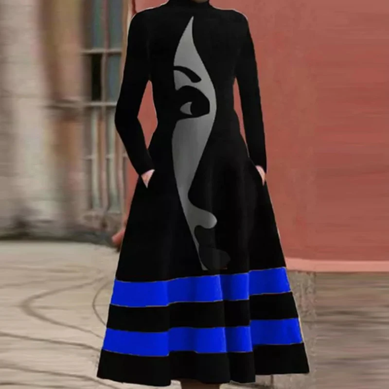

Women Vintage Artistic Face Printed Party Dress Autumn Long Sleeve Patchwork A-Line Dress Office Lady Turtleneck Dresses Vestido