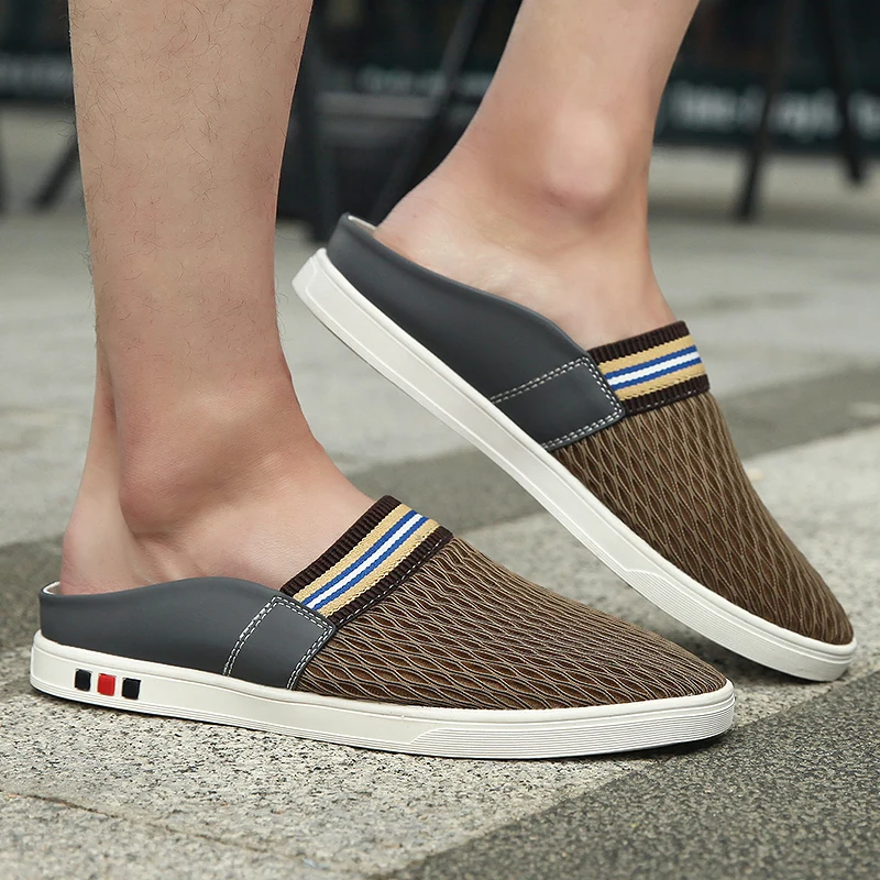 

New Summer Mesh Men Casual Shoes Half Drag Slippers Breathable Soft Moccasins Fashion Slip on Loafers Men Flat Half Shoes