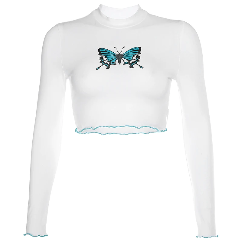 long Sleeve Top Rockmore модная женская белая хлопковая футболка синяя бабочка с круглым вырезом женская уличная Облегающая рубашка с коротким рукавом повседневные топы - Цвет: long Sleeve Top