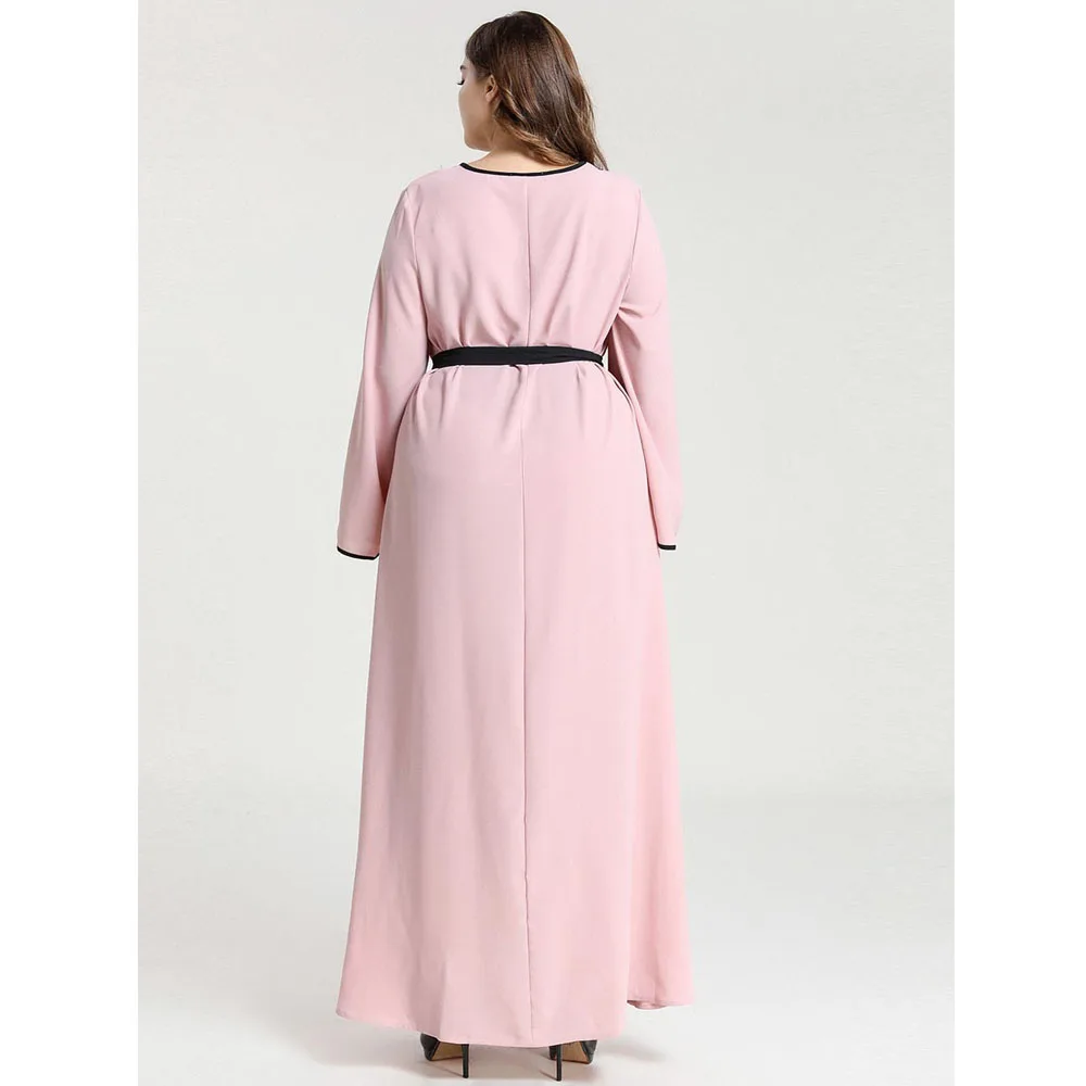 

Dubai Lace Patchwork Long Dress Muslim Women Vintage Abaya Plus Size Arab Jilbab Belt Loose Robe Gown Eid Turkish Middle East