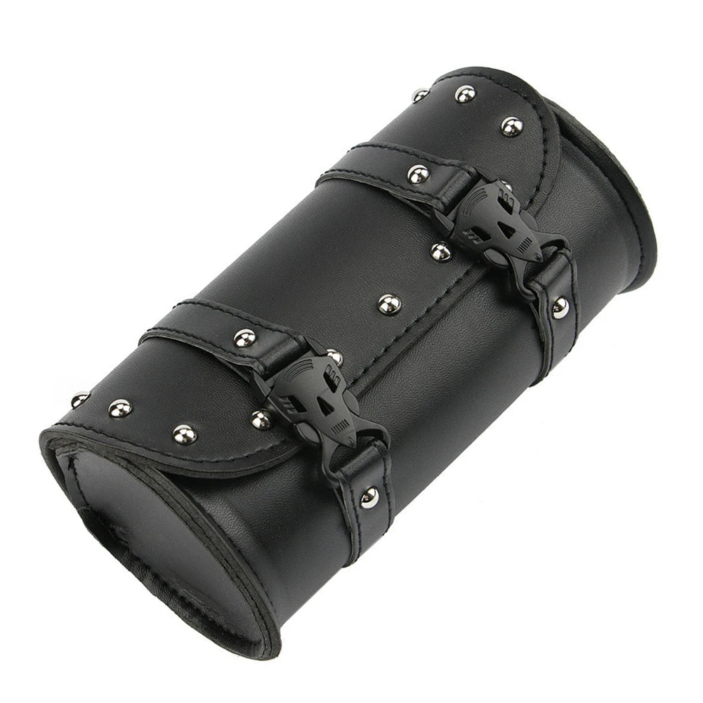 

PU Leather Motorcycle Tool Bag with Snap Buckles Black Pannier Saddle Bags Tools for Fork Handlebar Sissy Bar