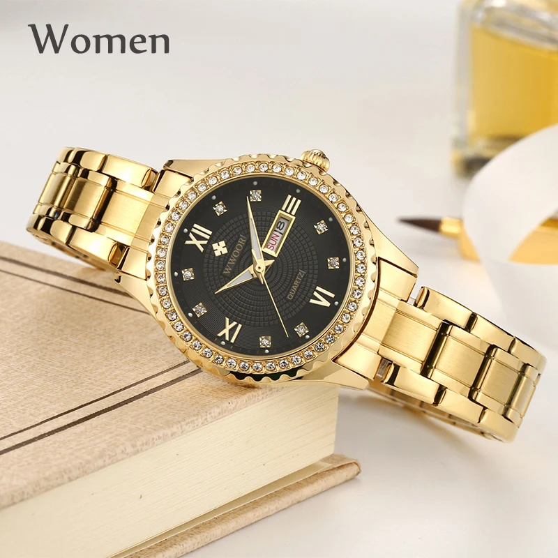 WWOOR Couple Watches 2022 Luxury Diamond Gold Stainless Steel Quartz Lover Watches Gifts For Men And Women Clock Pair Watch Box