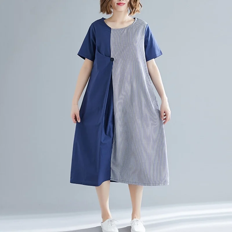 Длинное платье в полоску винтажное женское из хлопка и льна с круглым вырезом