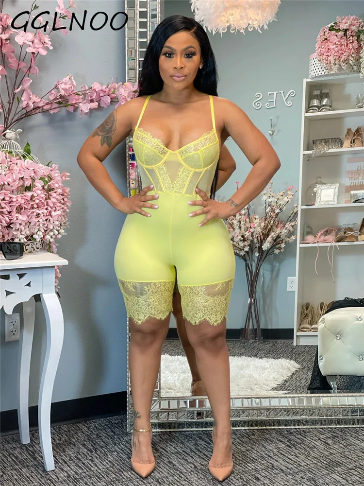 

GGLNOO Unique Lace Insert Romper Womens Tight Spaghetti Strap Sheer Mesh Lace Playsuit Night Out One Piece Overalls Wholesale