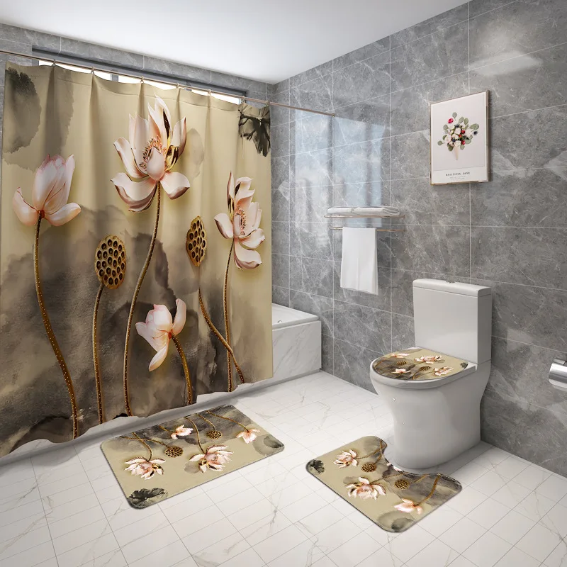 

Traditional Pattern Bathroom Mat Non Slip Mat for Toilet Bathtub Rug Set and Waterproof Shower Curtain WC Carpet Shower Bath Rug