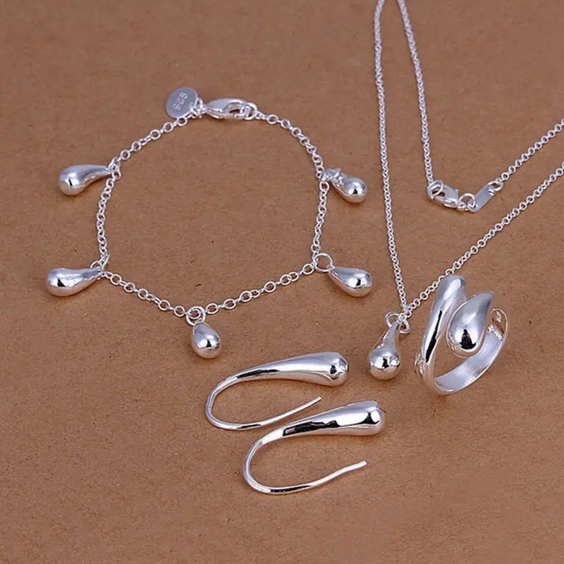 

N925-sterling Silver color fashion jewelry drop necklace & bracelet & ring adjustable & earrings ladies jewelry set SS223