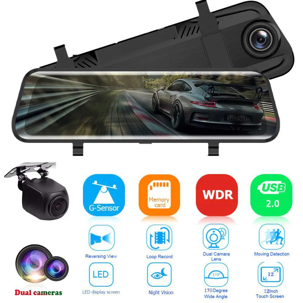 

OLOPKY 12 Inch Dash Cam 2K 1440P Car DVR Stream Media Ultra HD Touch Screen Dash Camera Dual Lens Video Recorder Rearview Mirror