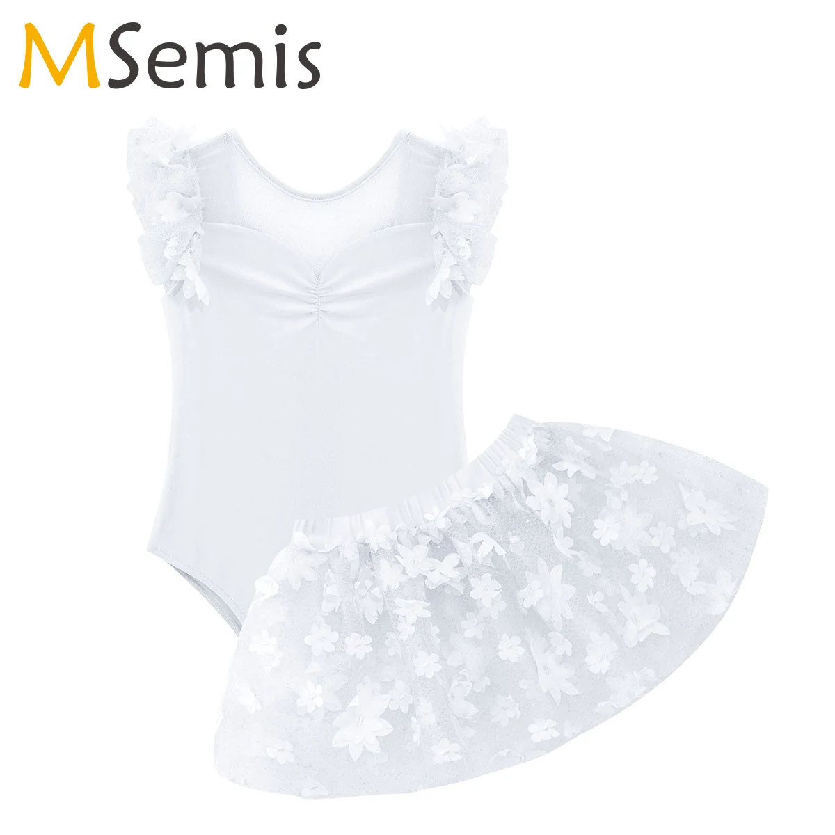 

Kids Girls Ballet Leotard with Dance Tutu Skirt Criss Cross Flower Ruffle Sleeve Ballerina Dress Gymnastics Dancewear 4-14 Years