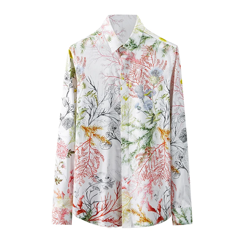 

100% Cotton Mens Shirts High Quality Long Sleeve Seaweed Digital Printed Male Shirts Slim Fit Party Mens Dress Shirts 4xl