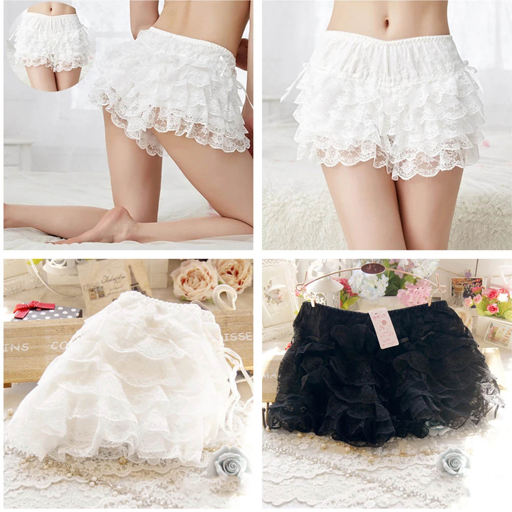 

Women Lolita Casual Bow Safety Shorts Bottoming Culottes Basic Panties Elastic Waist Lace Safety Short Pants Scanties Underwear