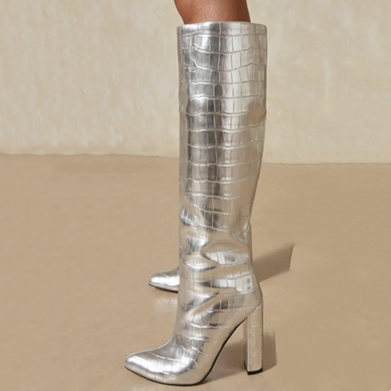 Trendy Gold Silver Shoes Boots High Chunky Heel Knee High Boots for Women Stone Print Slip-on Size 43