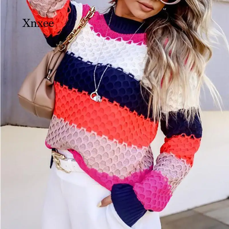 Женский трикотажный пуловер в полоску Свободный с круглым вырезом и длинным