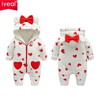 iyeal winter rompers baby girl newborn clothes children toddler girls jumpsuit kids warm fleece inner hooded overalls with bow