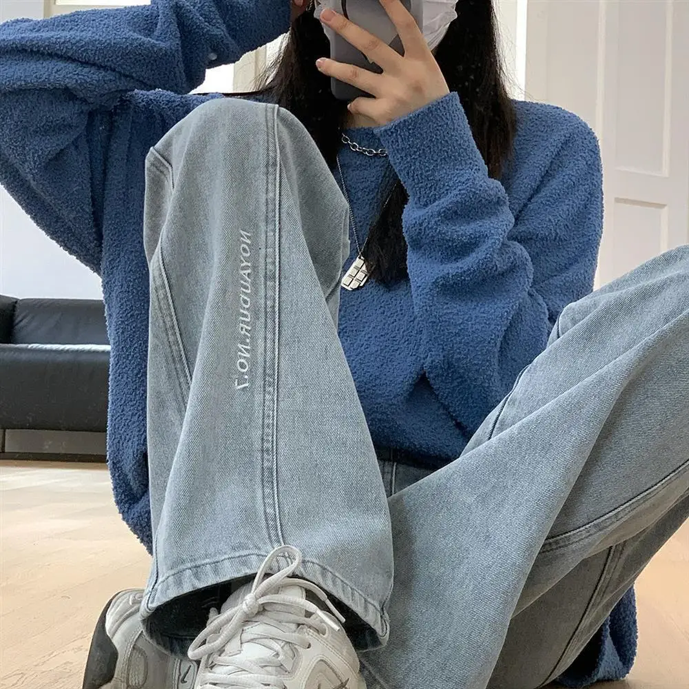 

Jeans women's loose straight pants spring new Korean high waist thin versatile student embroidery wide leg pants[Delivery within