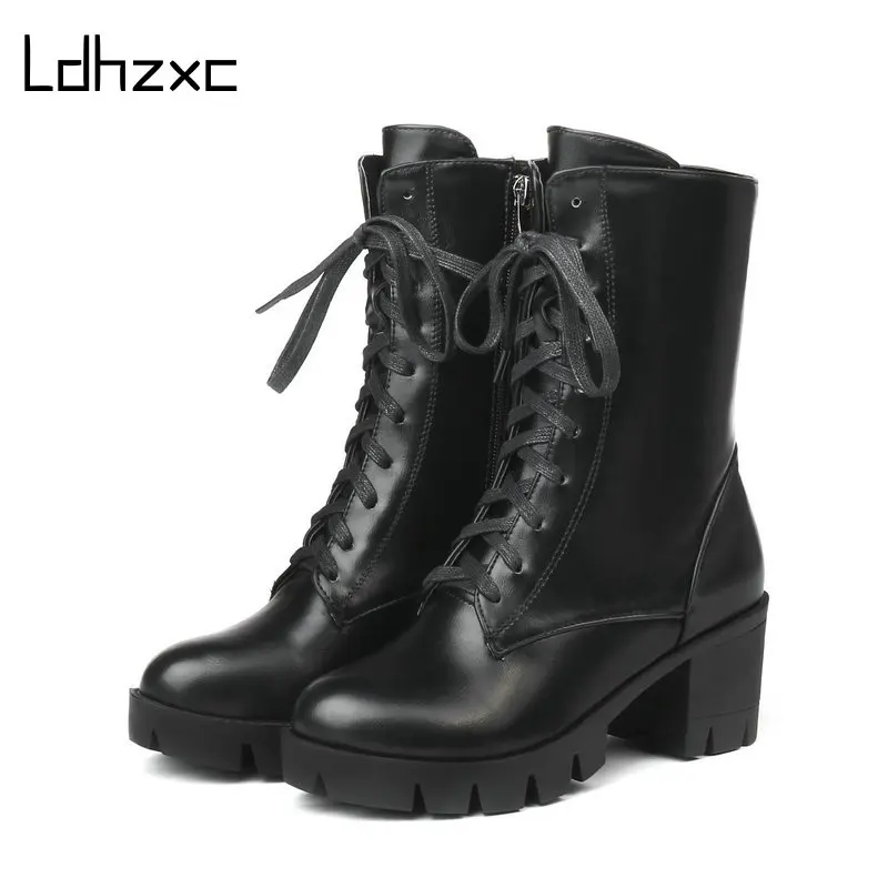 

LDHZXC Lace Up Women Boots Autumn Black Chunky Motorcycle Boots for Women High Heels Rubber Soles Winter Shoes Big Size 46