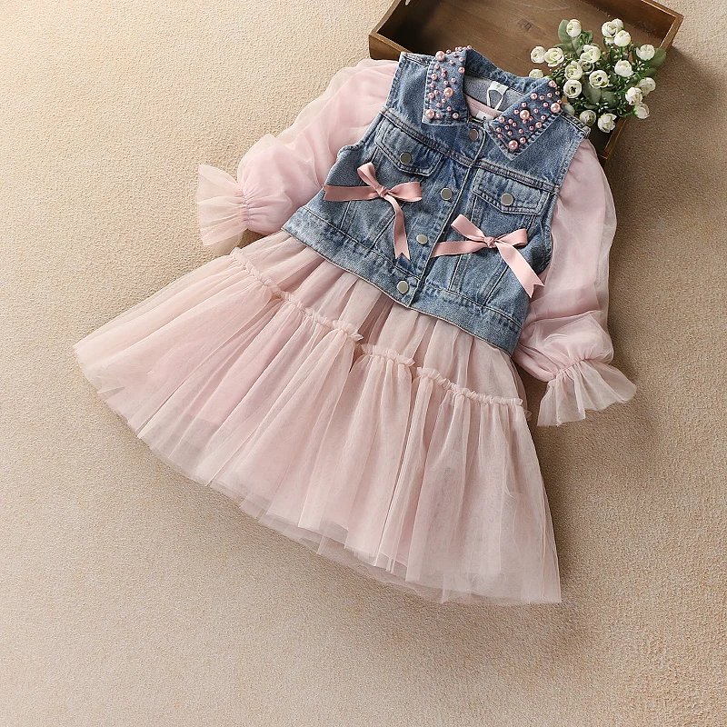 New Girls Dresses 2pcs Sets Kids Autumn Clothes Pearl Denim Vest Long Sleeve Lace Princess Dress Bow Pink Children Outfits Size