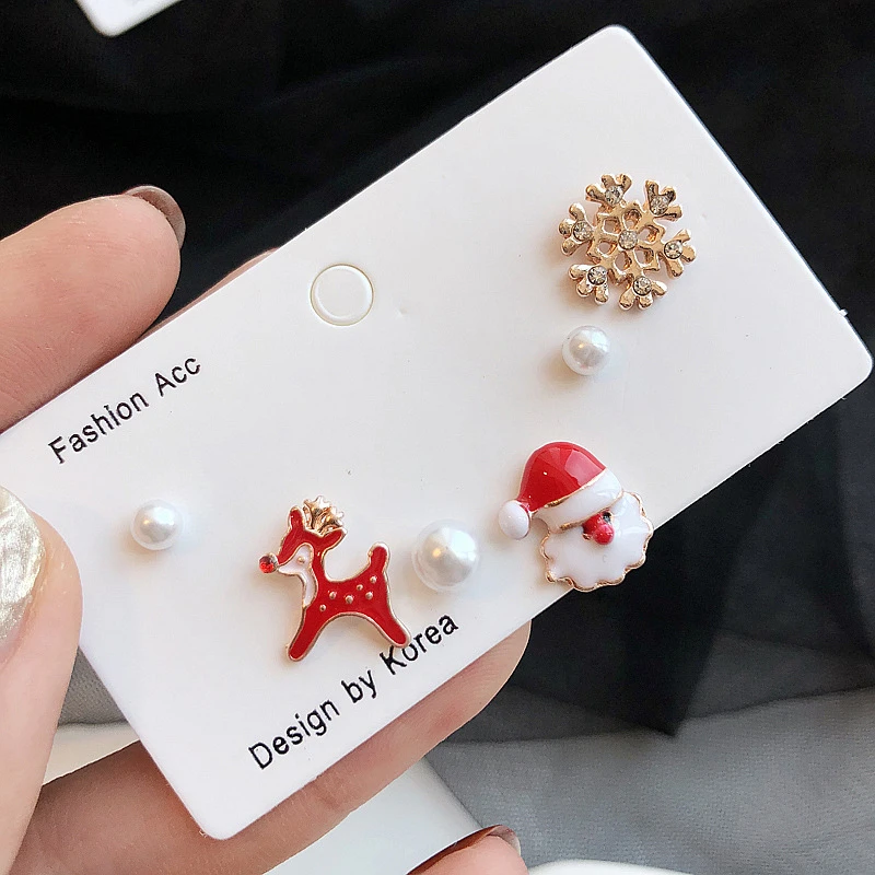 

New Christmas Silver Earrings Snowman Deer Bell Studs Earring Set for Women Fashion Jewelry Party Girls Christmas Gift silver