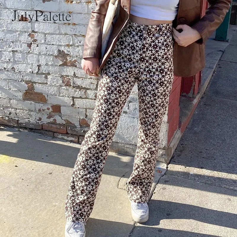 

Женские цветочные брюки Julypalette, винтажные коричневые повседневные узкие брюки с высокой талией, модель Y2K на лето, 2021