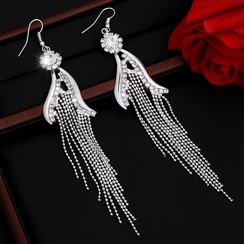 Женские серьги серебряного цвета полный кристалл Длинная кисточка