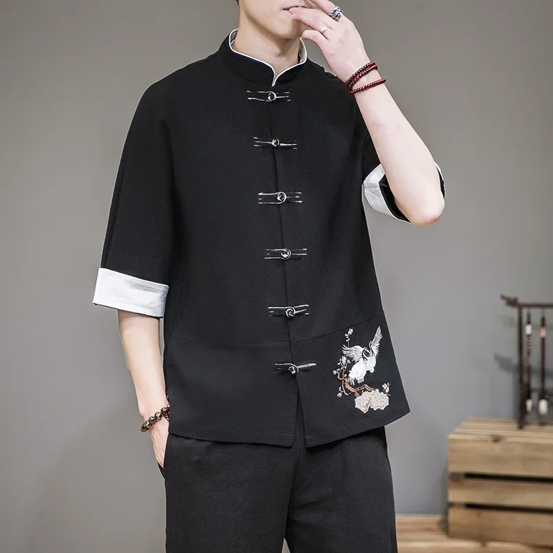 

Chinese Traditional Linen Clothes Summer Men Crane Embroider Tang Suit Harajuku Asian Fashion Casual Streetwear Top Shirt KK3387