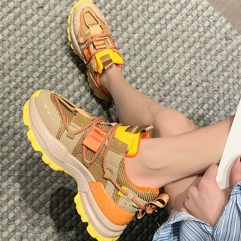 

High Quality PU Leather Mesh Platform Sneakers Women Sport Shoes Colorful Patchwork Female Shoes Zapatillas De Deporte