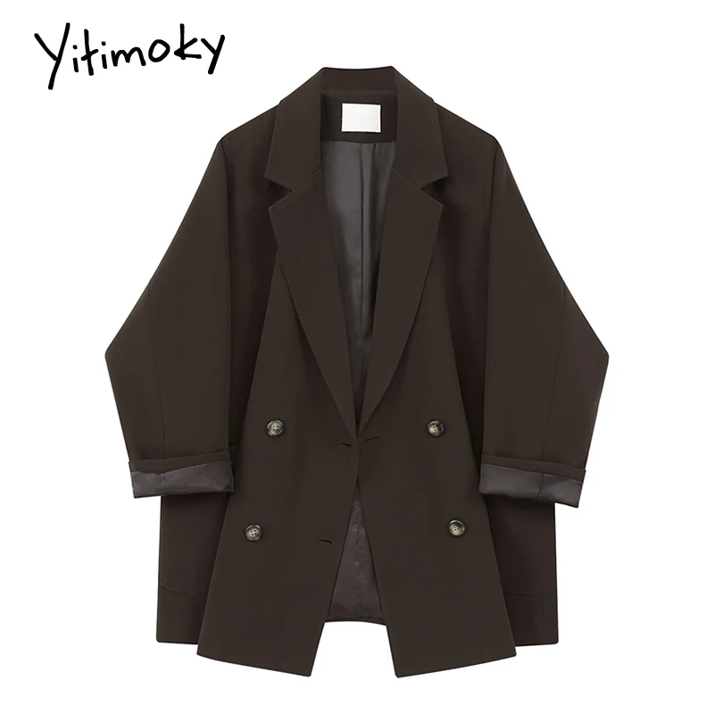 

Женский двубортный Блейзер Yitimoky, винтажные костюмы с длинным рукавом, Свободное пальто с отложным воротником, однотонные черные и коричнев...