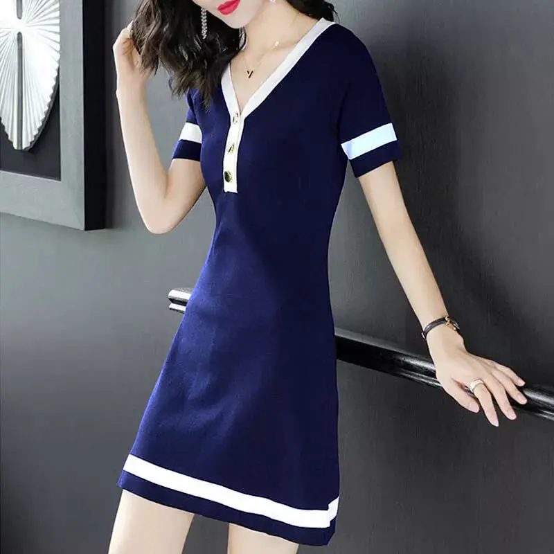 

Women's Spring Summer Style Dress Women's V-Neck Button Short Sleeve Knitted Korean Elegant Dress SS3585