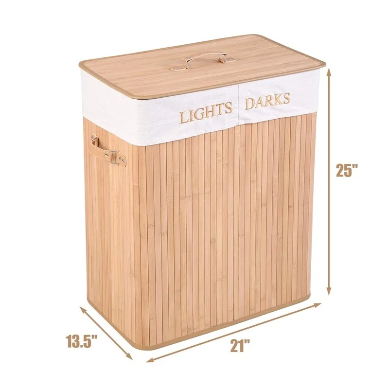 

Folding Double Rectangle Bamboo Hamper Laundry Basket Withdrawable Inside Liner Thickened Lid with PU Leather Handle