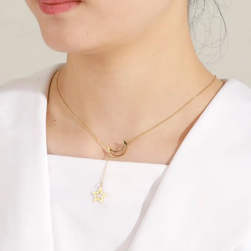 My shape Цепочка с подвеской в виде Луны и звезды ожерелье из нержавеющей стали