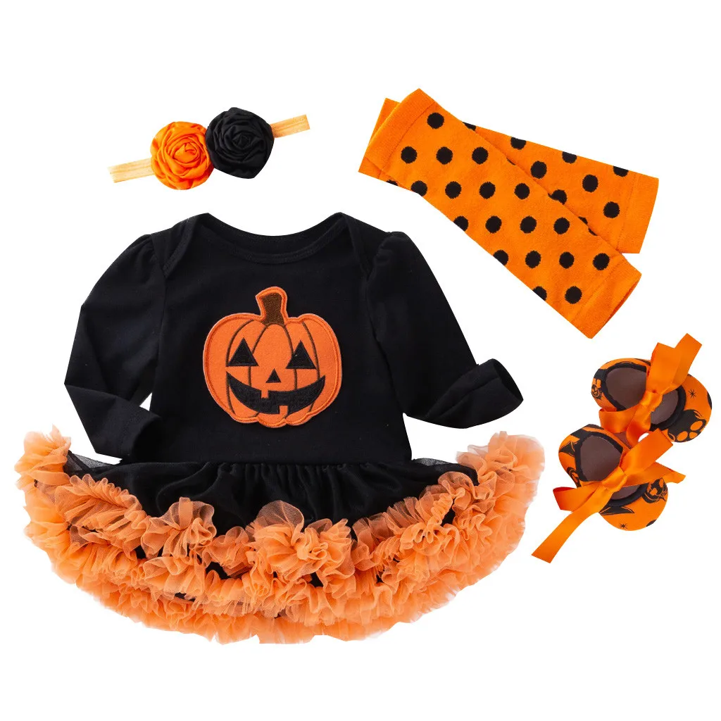 4 шт. Ромпер на Хэллоуин Боди мультфильм Тыква хлопок комбинезон платье + повязка