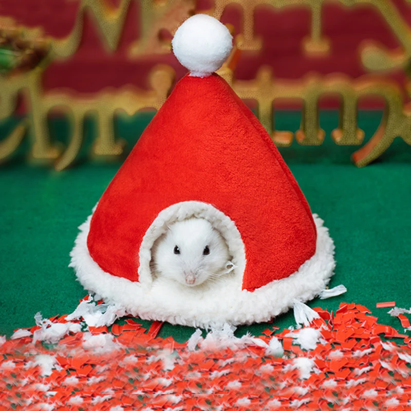 

Christmas Cap Shape Hamster Sleeping Bed Warm House Soft Comfortable House Nest Holiday Small Pet Products