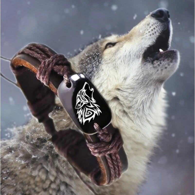 

Fashion New Product Retro Fashion braided braided Rope Leather Unisex Wolf Logo Fashion bracelet