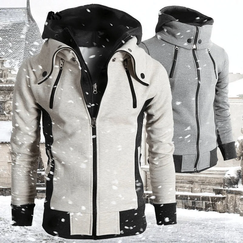 

2021 Zipper Men Jackets Autumn Winter Casual Fleece Coats Bomber Jacket Scarf Collar Fashion Hooded Male Outwear Slim Fit Hoody