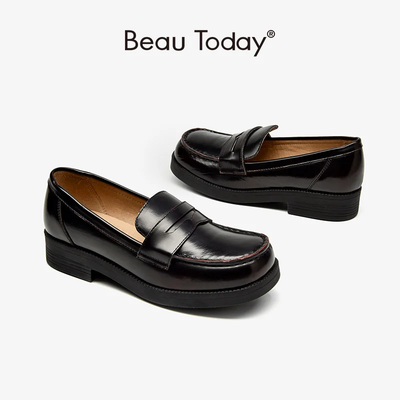 

BeauToday Loafers Moccasin Women Cow Leather Platform Penny Shoes Waxing Round Toe Slip-On JK Uniform Dress Shoes Handmade 27732