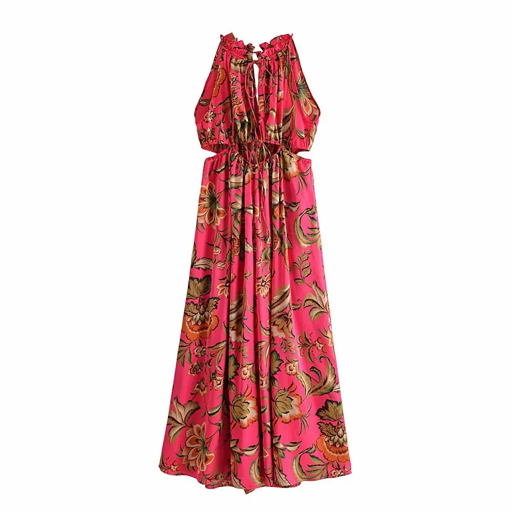 

Women Fashion Hollow Out Floral Print Jumpsuits Vintage Sleeveless Elastic Waist With Ties Female Red Playsuits Mujer KA031